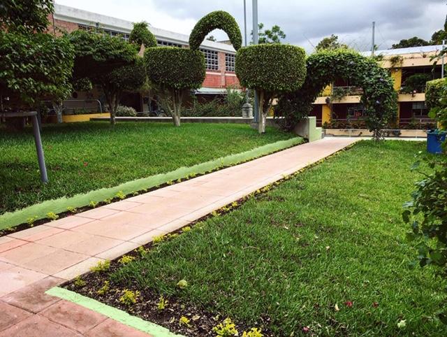 Jardines, senderos y áreas verdes dentro de las instalaciones del colegio.